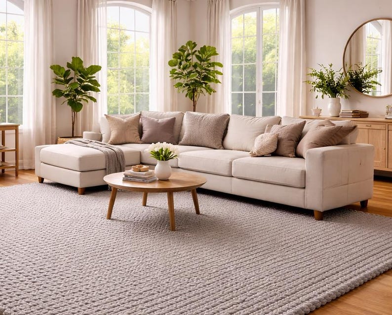 Handwoven Grey Chunky Wool Rug | Braided Cable Knit 5x8 Area Carpet, Scandinavian Boho image 3