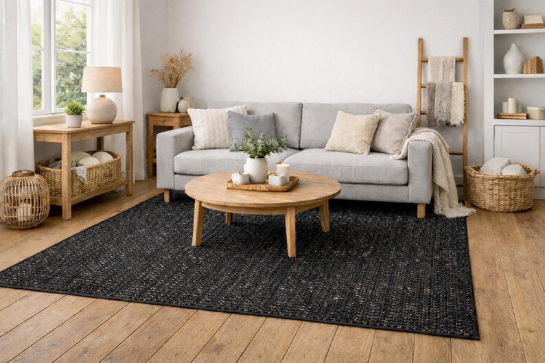 Handmade Black Jute Rug: Eco-Friendly Boho Floor Mat-5x8, 8x10,6x9 size rug image 3