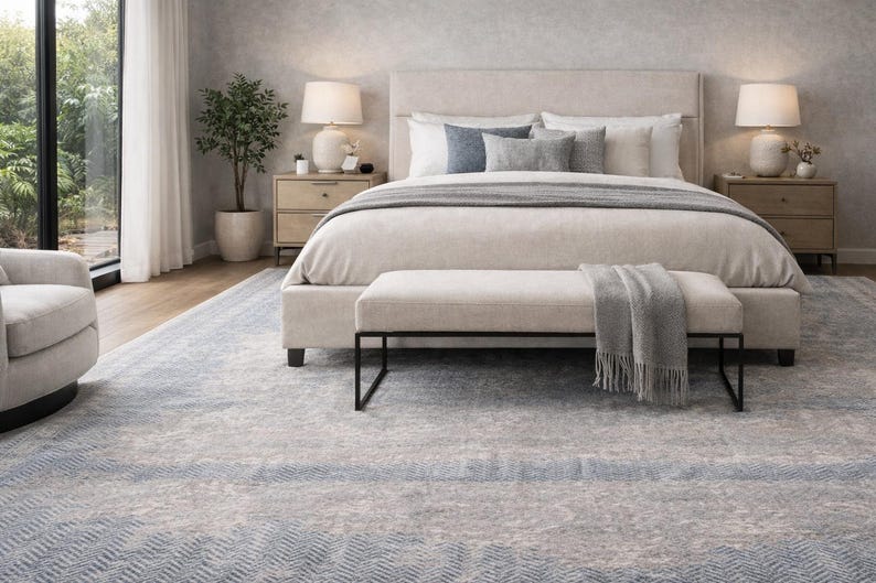 May include: A serene bedroom scene featuring a large bed with a neutral-toned headboard and bedding. A bench with a black metal frame sits at the foot of the bed, and a gray throw blanket is draped over it. A patterned rug in shades of blue and gray covers the floor.