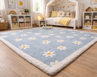 Blue Flower Rug, Kids Nursery Decor, Daisy rug 5x8