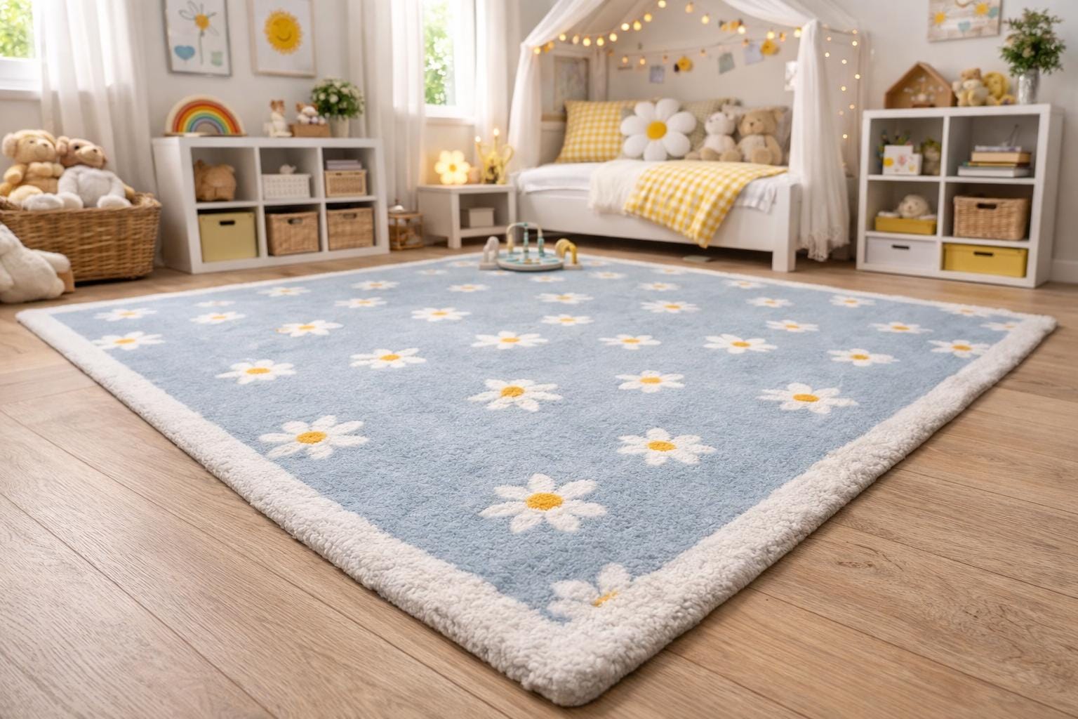 Daisy Rug for Nursery Decor | Blue Flower Kids Room Floral Area Carpet ...