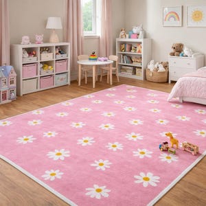 Pink Flower Rug-Kids Nursery Decor-Playroom rug Daisy pink Pink