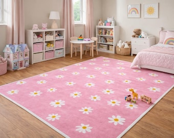 Pink Flower Rug-Kids Nursery Decor-Playroom rug Daisy pink