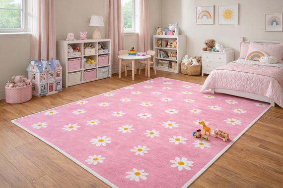 Pink Flower Rug-Kids Nursery Decor-Playroom rug Daisy pink