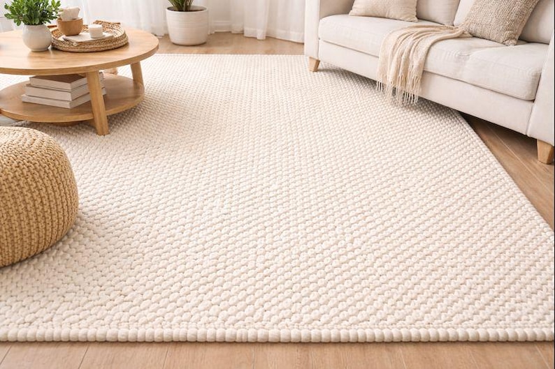 May include: Cream-colored, textured area rug with a dense, looped pile. The rug has a subtle pattern and a thick border. The neutral color and plush texture suggest a cozy and comfortable home decor item. The rug is placed on a wooden floor.