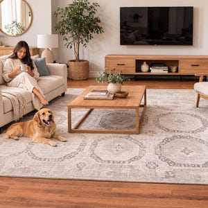 May include: A living room scene featuring a beige sofa, wooden coffee table, and a patterned rug. A golden retriever dog is lying on the rug. A woman is sitting on the sofa. A large TV is mounted on the wall.