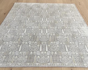 Weefgetouw geknoopt zijden vloerkleed voor luxe woondecoratie, handgemaakt beige-zilver wol-viscose, hoog-laag beige vloerkleed