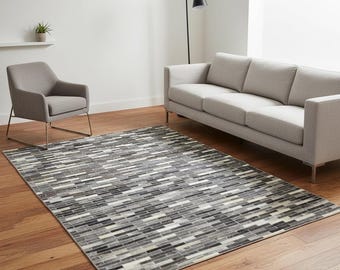 Tappeto moderno a righe in pelle patchwork color carbone, fatto a mano, per camera da letto.