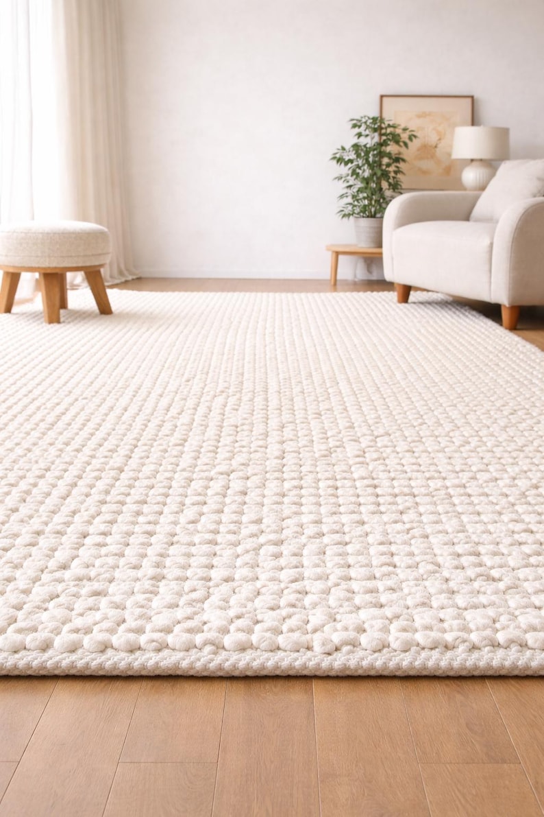 May include: Cream-colored, textured area rug with a repeating pattern of raised, rounded shapes. The rug fills the foreground, with a glimpse of a light-filled room in the background. A wooden floor is visible.