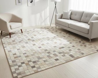 Modern Handmade Mosaic Ivory & Gray Leather Cowhide Patchwork Rug For Bedroom