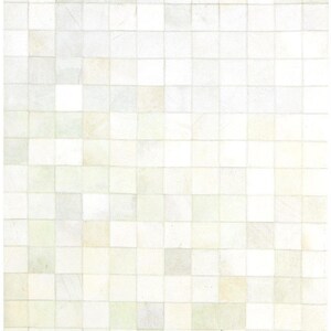 May include: A square, off-white rug with a patchwork design. The rug is composed of numerous small, square patches in varying shades of white, cream, and pale green, creating a subtle, textured pattern. The overall aesthetic is neutral and minimalist.