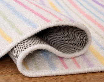 Pastel Striped Kids Rug – Soft Rainbow Nursery Carpet