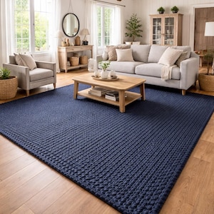 Chunky Wool Hand Woven Blue Square Rug -9x12 Size Thick Rug-Scandinavian Style- Custom Rug