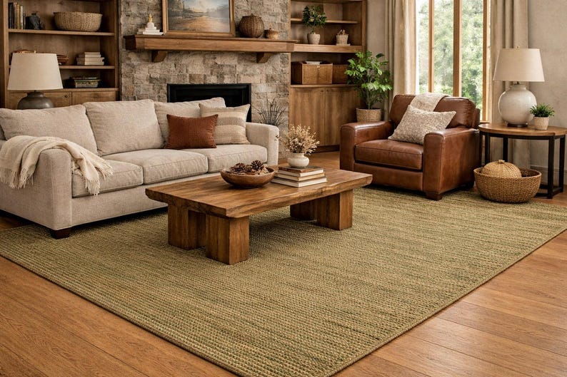 Green Toned Jute Rug: Hand-Woven Eco-Friendly Boho Decor- Chick Rustic Farmhouse Vintage Inspired decor image 2