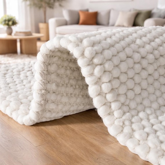 Handwoven Chunky New Zealand Wool Rug | Natural White Pebble Loop Pile, 12x15 Boho Farmhouse Carpet