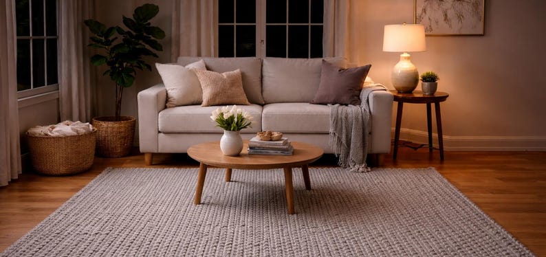 Handwoven Grey Chunky Wool Rug | Braided Cable Knit 5x8 Area Carpet, Scandinavian Boho image 6