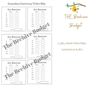 Blank Bank teller slips Canadian Currency/ cash breakdown