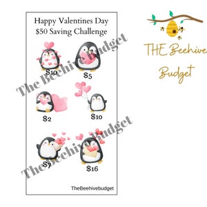 Penguin Valentines Day Saving Challenge/ A6 binder.wallet.envelope/ printable/ cash saving