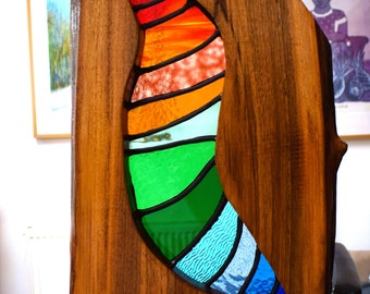 Wood and leaded stained glass sculpture