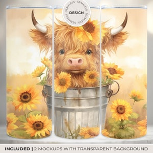 Baby highland cow wrap, for skinny tumbler 20 oz, straight and tapered, digital product, instant download, transparent mockups included