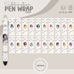 May include: A set of 20 sublimation pen wrap designs featuring a watercolour style illustration of a woman with different coloured hair and a variety of inspirational quotes. The designs are seamless and perfect for creating custom pen wraps.
