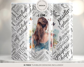 Daily positive thoughts tumbler wraps, self-love gift, sublimation design for skinny tumbler 20 oz strait or tapered
