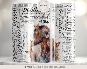 Daily positive thoughts tumbler wraps, self-love gift, sublimation design for skinny tumbler 20 oz strait or tapered