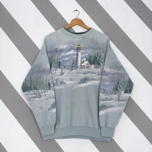 Vintage American Lighthouse Snow Art Printed Sweatshirt Large Artisans Artwork Jungle Nature All Over Printed Crewneck Snow Sweater Size L