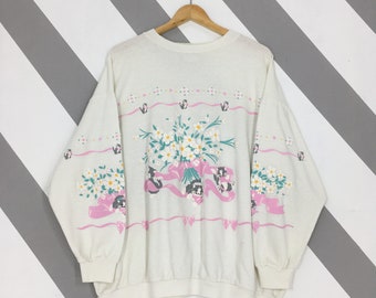 Vintage 90s Kitten Cat Flowers Sweatshirt XLarge Cute Cat Pop Art Graphics Crewneck Morning Sun Top Stitch Kitty Cat Sweater Size XL