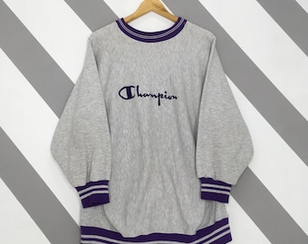 Vintage 90s Campeón Reverse Weave Sudadera Gran Campeón Bordado Deletrear Crewneck Campeón Usa Script Logo Suéter Gris Tamaño L