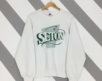 Vintage 90s Seton High School White Sweatshirt Small Seton Spell Out Crewneck Seton High School Jumper SHS Cincinnati Ohio Sweater Size S