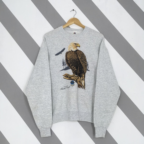 Vintage 90s American Bald Eagle Sweatshirt Large Bird Bald Eagle Animals Graphic Crewneck Hawks America Wildlife Animal Gray Sweater Size L