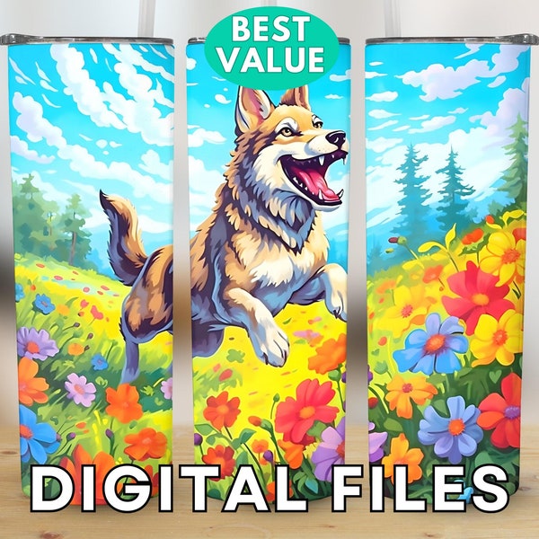 Happy Dog Runs Between Flowers Nursery Picture Printables 20oz Skinny Tumbler Design PNG, Mugs Tote Bag Sticker Cushion Digital Download