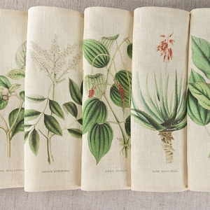 Set of 6 Natural Linen Dinner Napkins with Botanical Print, Apothecary Aesthetics, Cottagecore, Plant Decor, Cloth Napkins, Medicinal Herbal