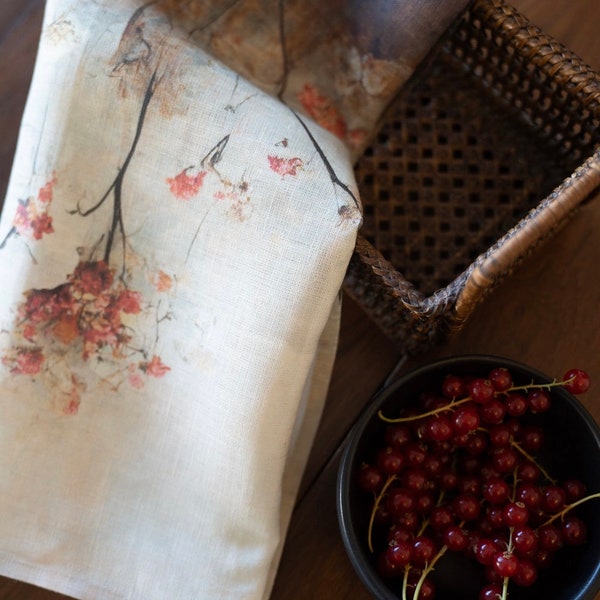 Natural linen kitchen towel, Wabi Sabi table, Japandi kitchen, Handmade dish towel, Asian garden, Floral linen, Botanical towel, Asian decor