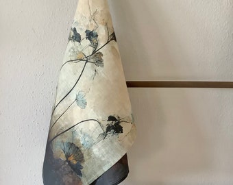 Linen Kitchen Towel: Asian Floral Print, Japandi Style