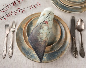 Handgefertigte florale Leinen Servietten - Japandi Wabi Sabi Table