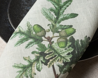 Linen Napkins Set of 6: Botanical Tree Branch Print, Swiss Made
