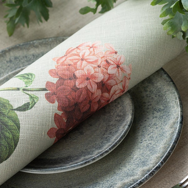 Ensemble de serviettes de table 100 % lin avec imprimé floral, botanique printanière, cadeau pour amateur de jardinage, décoration de chalet, iris, hortensia, lilas
