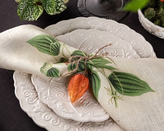 Botanical Print Linen Dinner Napkins - Set of 6 Vintage Herb Decor