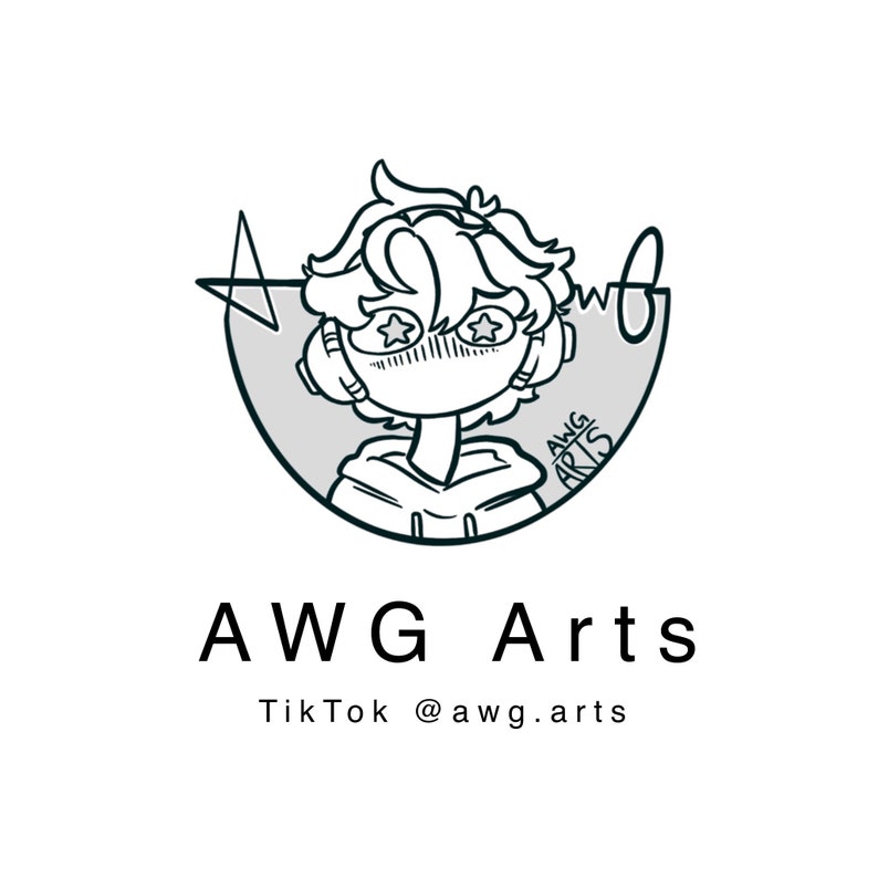 Puede incluir: Ilustraci&oacute;n en blanco y negro de un personaje de dibujos animados con una estrella en el ojo. El personaje lleva auriculares y una sudadera con capucha. El texto "AWG Arts" y "TikTok @awg.arts" est&aacute; debajo de la ilustraci&oacute;n.
