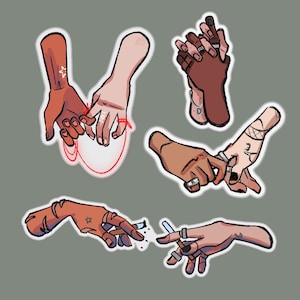 May include: Five illustrations of hands in various poses, including holding hands, intertwined fingers, and smoking a cigarette. The hands are drawn in a cartoon style with a variety of skin tones and details like rings and tattoos.