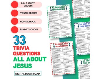 Domande trivia su Gesù, curiosità bibliche, giochi biblici, scuola domenicale, attività bibliche, gioco trivia biblico, foglio di lavoro biblico, fogli di lavoro Christain