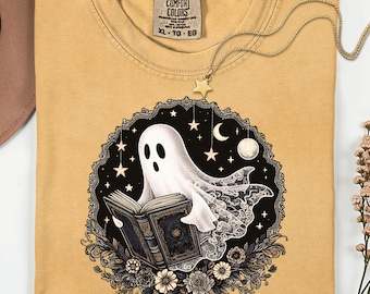Celestial Ghost Reading Book PNG 300 DPI, Ghost Books Halloween Png, Teacher Halloween Png, Book Lover Shirt Png, Halloween Library Png