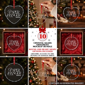 May include: A digital mockup bundle featuring 10 crystal glass ornaments in heart and round shapes with red ribbon hangers. The text reads Paper Hanger Designs and Crystal Glass Ornament Mockup Bundle. Includes lifetime access to files in Google Drive.