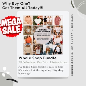 Puede incluir: Un gr&aacute;fico promocional con el texto "&iquest;Por qu&eacute; comprar uno? &iexcl;Cons&iacute;guelos todos hoy!" y "MEGA VENTA". Anuncia un "Whole Shop Bundle" con acceso de por vida a maquetas. El gr&aacute;fico incluye un collage de im&aacute;genes de productos.