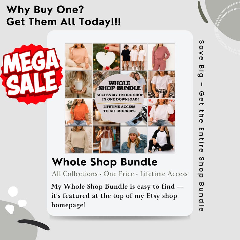 Puede incluir: Un gr&aacute;fico promocional con el texto "&iquest;Por qu&eacute; comprar uno? &iexcl;Cons&iacute;guelos todos hoy!" y "MEGA VENTA". Anuncia un "Whole Shop Bundle" con acceso de por vida a maquetas. El gr&aacute;fico incluye un collage de im&aacute;genes de productos.