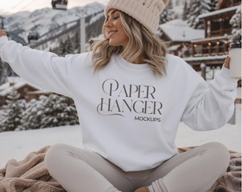 White Gildan 18000 Winter Mockup, G180 Crewneck Sweatshirt Ski Mockup, Trendy Festive Christmas Holiday Mockups (Digital Download)