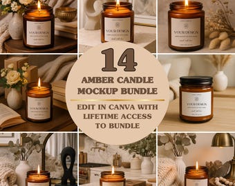 Set di mockup di candele color ambra, mockup di candele da 9 once, mockup di candele in vetro color ambra (download digitale)