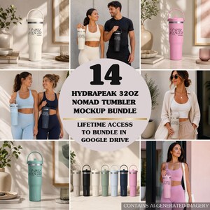 Könnte beinhalten: Ein digitales Mockup-Paket mit 14 Bildern von 32oz Hydrapeak Nomad Bechern in verschiedenen Farben, darunter Weiß, Rosa, Blau und Grün. Jeder Becher zeigt den Text Paper Hanger Designs und verfügt über einen Griff und einen Deckel.